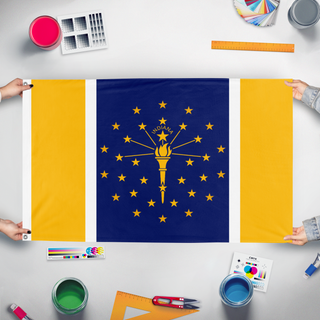 A mockup of the custom flag '2026 Indiana State flag' held up on a table during print checking