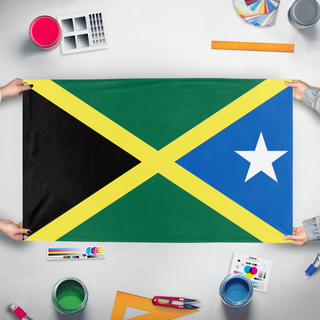 A mockup of the custom flag 'QW flag' held up on a table during print checking