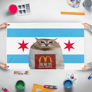 A mockup of the custom flag 'chudcago flag' held up on a table during print checking