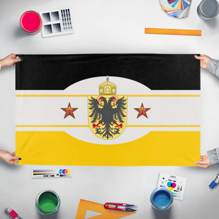 A mockup of the custom flag 'holy roman empier flag' held up on a table during print checking