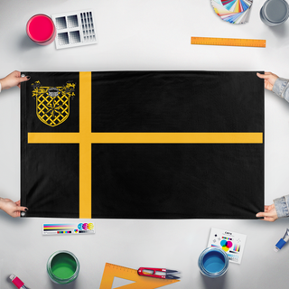A mockup of the custom flag 'Aryxikan empire flag' held up on a table during print checking