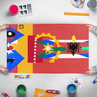 A mockup of the custom flag 'bossfight flag' held up on a table during print checking