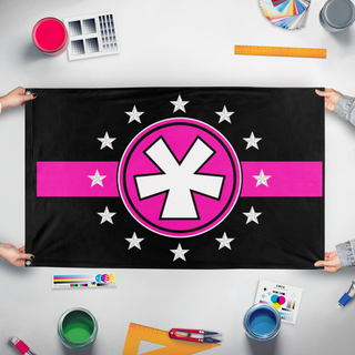 A mockup of the custom flag 'National Futurism flag' held up on a table during print checking
