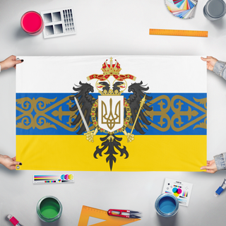 A mockup of the custom flag 'Ukrainian empire  flag' held up on a table during print checking