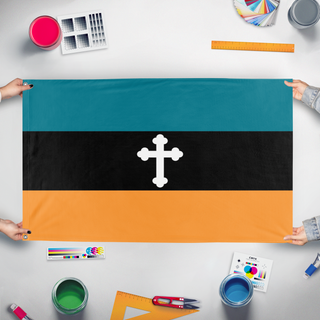 A mockup of the custom flag 'Greek catholic flag' held up on a table during print checking