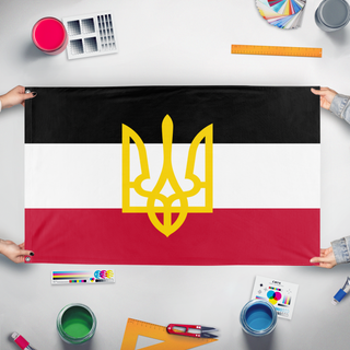 A mockup of the custom flag 'German Ukraine flag' held up on a table during print checking