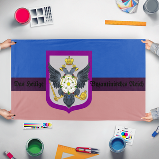 A mockup of the custom flag 'my sis flag' held up on a table during print checking