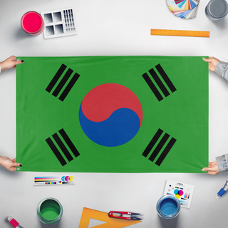A mockup of the custom flag 'test flag' held up on a table during print checking