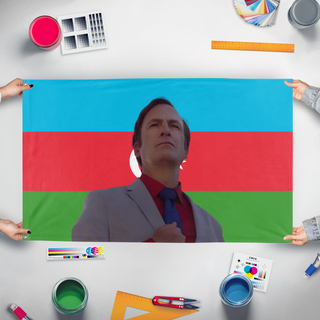 A mockup of the custom flag 'azerbaijan flag' held up on a table during print checking