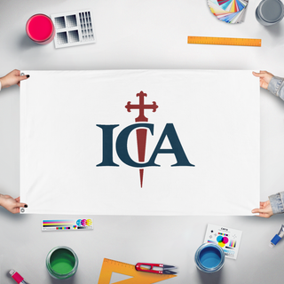 A mockup of the custom flag 'ICA flag' held up on a table during print checking