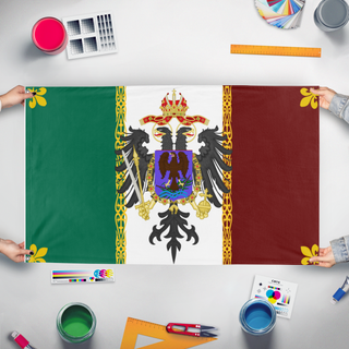 A mockup of the custom flag 'holy Mexican empire flag' held up on a table during print checking