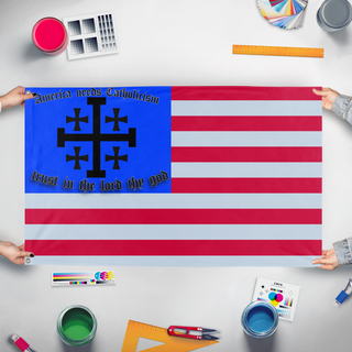 A mockup of the custom flag 'catholic flag' held up on a table during print checking