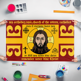 A mockup of the custom flag 'christian flag' held up on a table during print checking