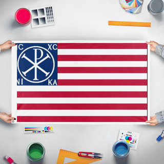 A mockup of the custom flag 'Imperium Of America flag' held up on a table during print checking