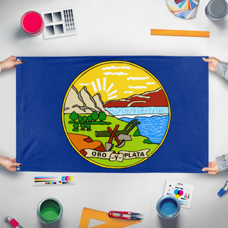 A mockup of the custom flag 'Pre 1981 Montana State Flag' held up on a table during print checking