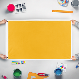 A mockup of the custom flag 'test flag' held up on a table during print checking