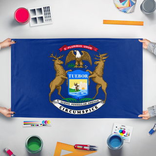 A mockup of the custom flag '7th Michigan Infantry flag' held up on a table during print checking