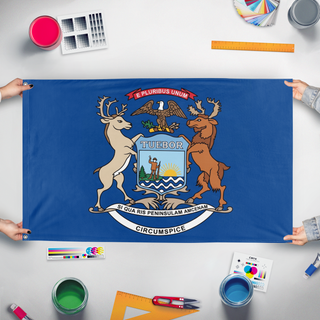 A mockup of the custom flag 'The 7th Michigan Infantry Flag' held up on a table during print checking