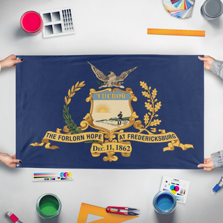A mockup of the custom flag 'Forlorn Hope at Fredericksburg flag' held up on a table during print checking