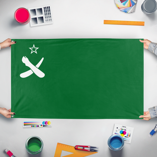 A mockup of the custom flag 'Animal Farm flag' held up on a table during print checking