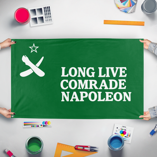 A mockup of the custom flag 'Animal Farm Comrade Napoleon flag' held up on a table during print checking