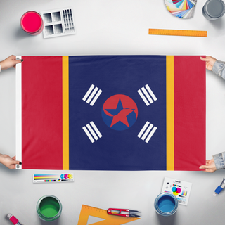 A mockup of the custom flag 'Republic of South Korea flag' held up on a table during print checking
