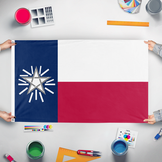 A mockup of the custom flag '2026 Texas State flag' held up on a table during print checking