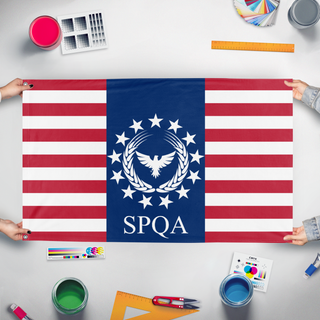 A mockup of the custom flag 'Imperium Americanium flag' held up on a table during print checking