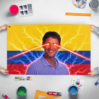 A mockup of the custom flag 'Mr.Jimenez flag' held up on a table during print checking