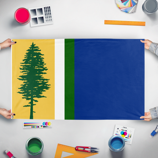 A mockup of the custom flag 'Alternate Cascadia Flag' held up on a table during print checking