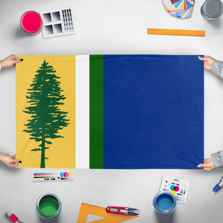 A mockup of the custom flag 'Alternate Doug Flag' held up on a table during print checking
