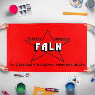 A mockup of the custom flag 'FALN flag' held up on a table during print checking