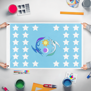 A mockup of the custom flag 'EaW Equestria flag' held up on a table during print checking