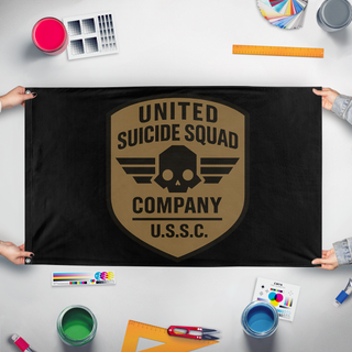 A mockup of the custom flag 'USSC flag' held up on a table during print checking