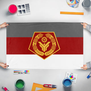 A mockup of the custom flag 'Canton of Laskol flag' held up on a table during print checking