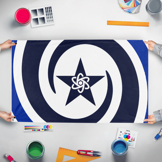 A mockup of the custom flag 'Posada flag' held up on a table during print checking