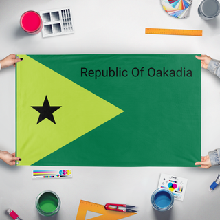 A mockup of the custom flag 'Republic Of Oakafia flag' held up on a table during print checking