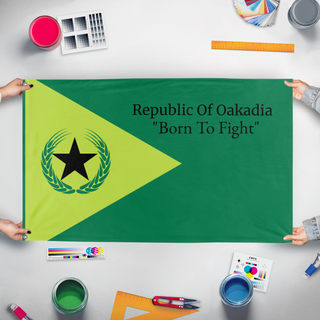 A mockup of the custom flag 'Republic Of Okadia flag' held up on a table during print checking