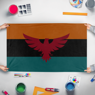 A mockup of the custom flag 'Sisu Adler flag' held up on a table during print checking