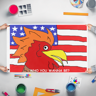 A mockup of the custom flag 'Morale flag' held up on a table during print checking