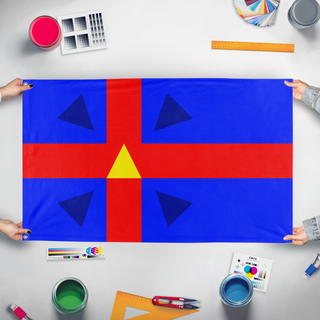 A mockup of the custom flag 'Flammeum Kingdom flag' held up on a table during print checking