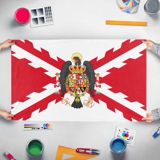 A mockup of the custom flag 'Spanish Great Coat of Arms - Burgundy Cross flag' held up on a table during print checking
