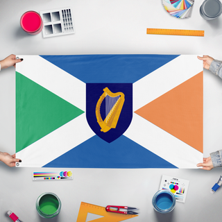 A mockup of the custom flag 'Scottish-Irish Heritage flag' held up on a table during print checking