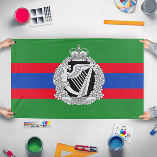 A mockup of the custom flag 'Royal Irish Regiment flag' held up on a table during print checking