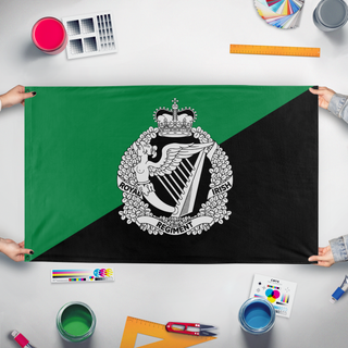 A mockup of the custom flag 'Royal Irish Regiment flag' held up on a table during print checking