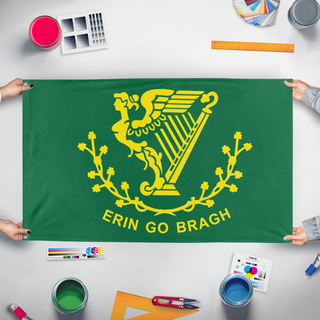 A mockup of the custom flag 'Erin Go Bragh flag' held up on a table during print checking