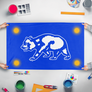 A mockup of the custom flag 'Bear and Sunburst flag' held up on a table during print checking