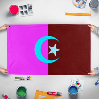 A mockup of the custom flag 'T flag' held up on a table during print checking