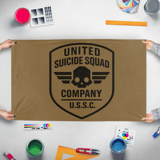 A mockup of the custom flag 'USSC flag' held up on a table during print checking