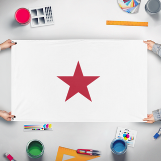 A mockup of the custom flag 'T flag' held up on a table during print checking